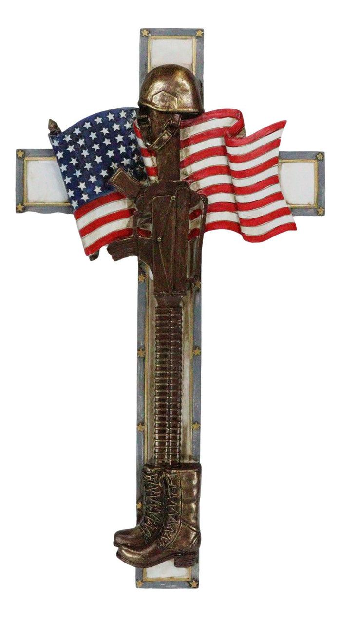 Ebros Gift Patriotic USA Flag Fallen Soldier Helmet Rifle And Tactical Boots Wall Cross