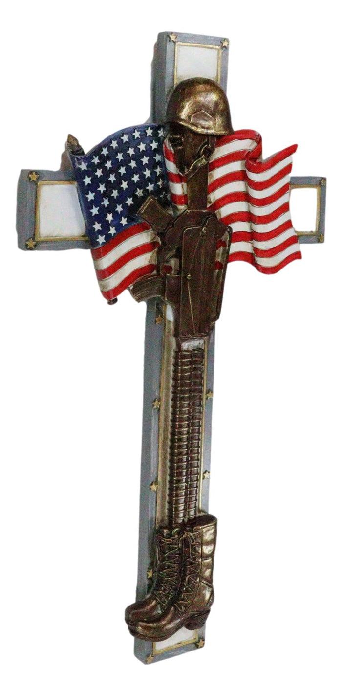 Ebros Gift Patriotic USA Flag Fallen Soldier Helmet Rifle And Tactical Boots Wall Cross