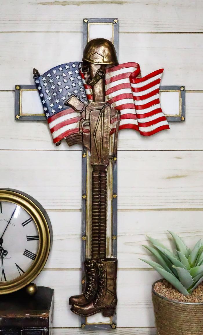 ebros gift Patriotic USA Flag Fallen Soldier Helmet Rifle and Tactical Boots Wall Cross
