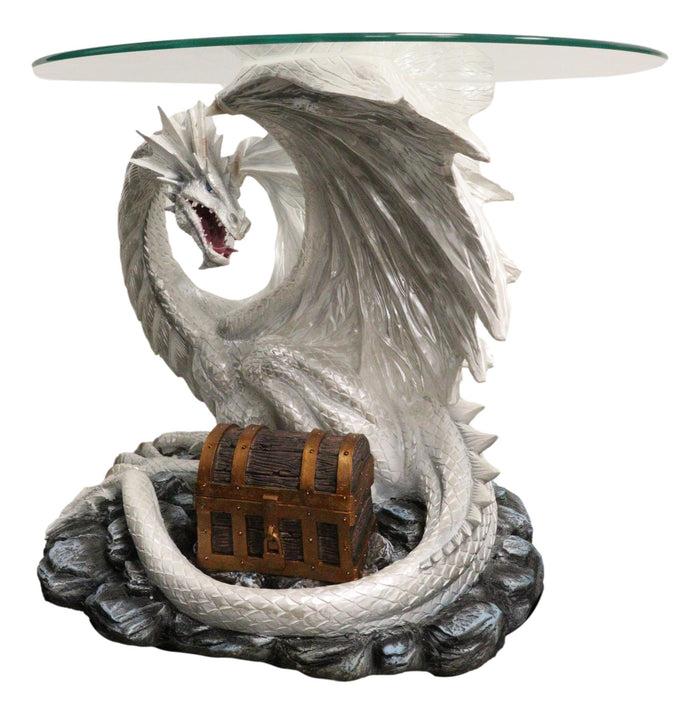 Ebros Gift Pendragon Ryu Ice Frost Dragon Guarding Treasure Coffee Side Table With Glass