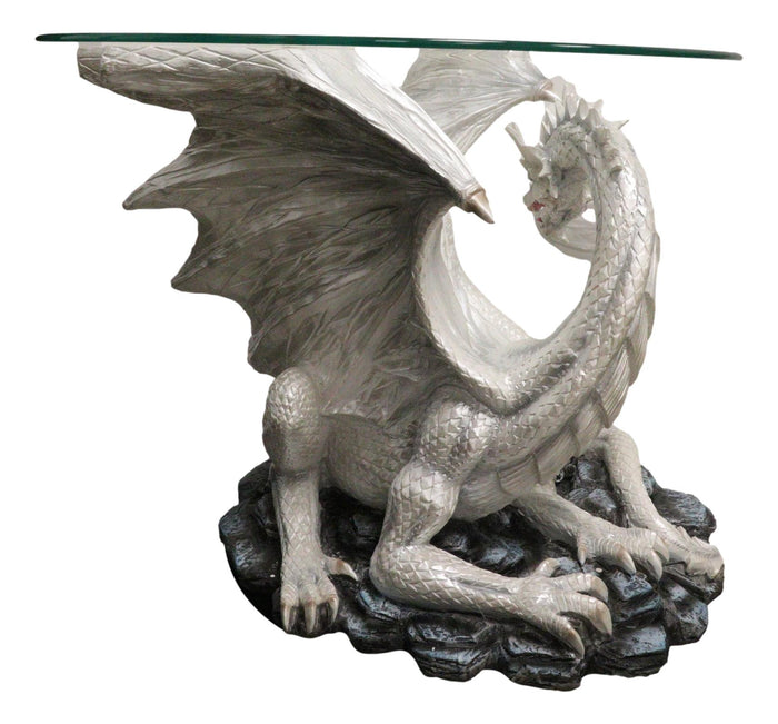 Ebros Gift Pendragon Ryu Ice Frost Dragon Guarding Treasure Coffee Side Table With Glass