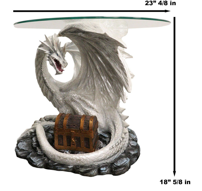 Ebros Gift Pendragon Ryu Ice Frost Dragon Guarding Treasure Coffee Side Table With Glass
