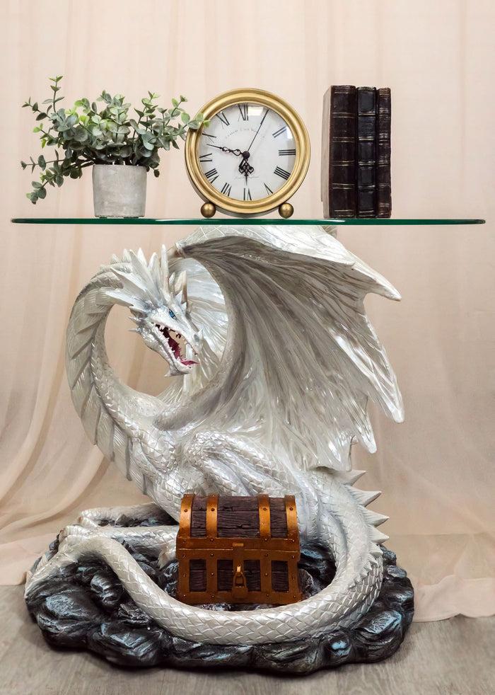 ebros gift Pendragon Ryu Ice Frost Dragon Guarding Treasure Coffee Side Table With Glass