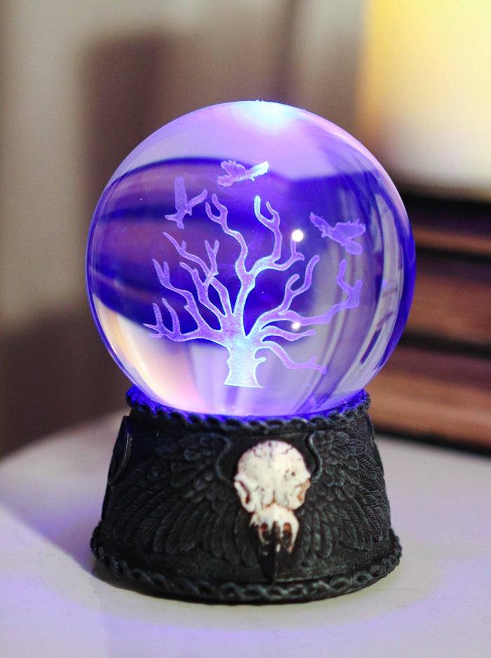 ebros gift Pentagram Raven Skull Figurine With LED Withering Tree Glass Gazing Sphere Ball
