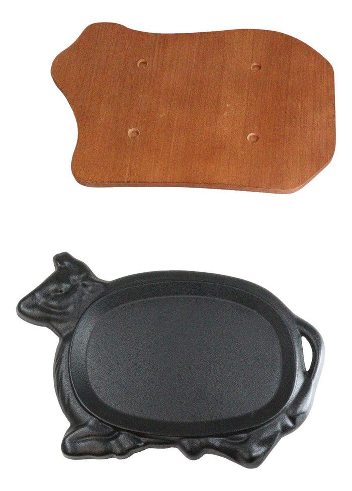 Ebros Gift Personal Size Cow Shaped Cast Iron Unseasoned Sizzling Fajita Pan Skillet Set