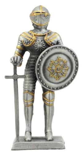 ebros gift Pewter French Knight Figurine 4"H Medieval Suit Of Armor Dollhouse Miniature