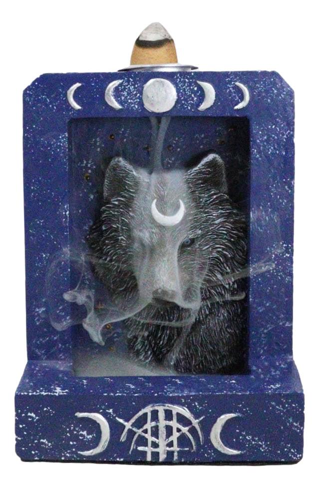 ebros gift Phases Of The Moon Alpha Black Wolf With Crescent Mark Backflow Incense Burner