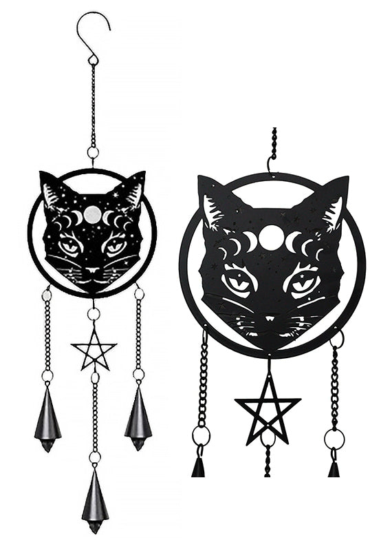 ebros gift Phases of The Moon Celestial Black Cat Pentagram Wall Hanging Decoration Chime