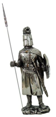 Ebros Gift Pikeman Crusader Knight Statue Electroplated Nickel Resin Statue 7" Height