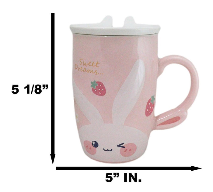 Ebros Gift Pink Bunny Rabbit Strawberries Sweet Dreams Ceramic Mug With Lid And Spoon