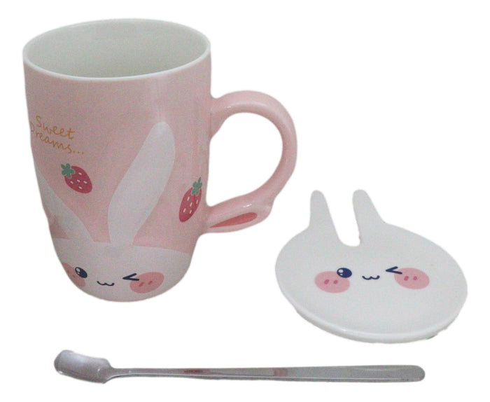 Ebros Gift Pink Bunny Rabbit Strawberries Sweet Dreams Ceramic Mug With Lid And Spoon