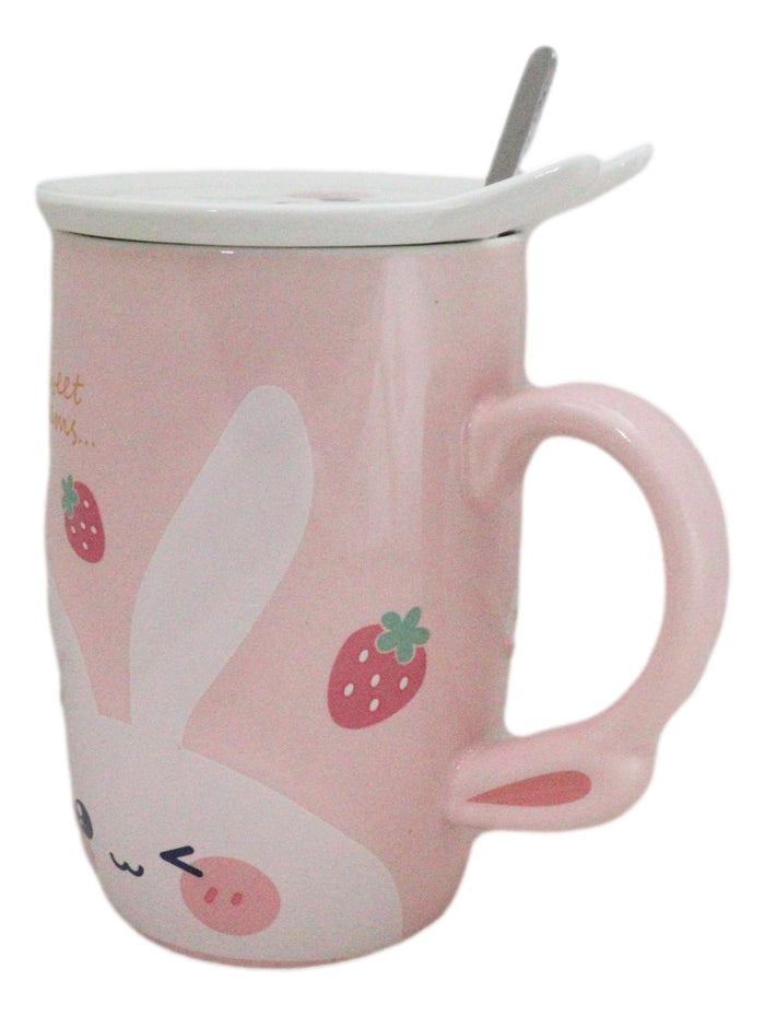 Ebros Gift Pink Bunny Rabbit Strawberries Sweet Dreams Ceramic Mug With Lid And Spoon