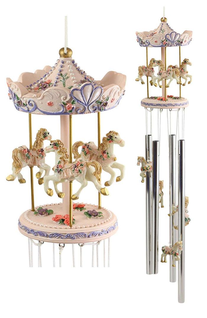 Ebros Gift Pink Carnival Canopy Pony Horses Carousel Figurine Crown Top Resonant Wind Chime