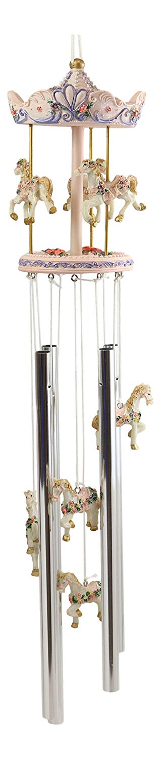 Ebros Gift Pink Carnival Canopy Pony Horses Carousel Figurine Crown Top Resonant Wind Chime