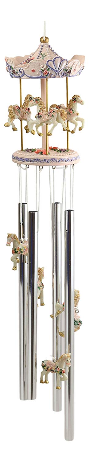 Ebros Gift Pink Carnival Canopy Pony Horses Carousel Figurine Crown Top Resonant Wind Chime