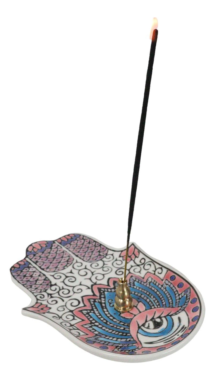 Ebros Gift Pink Chakra Hamsa Palm Mandala And Evil Eye Ceramic Dish Brass Incense Holder