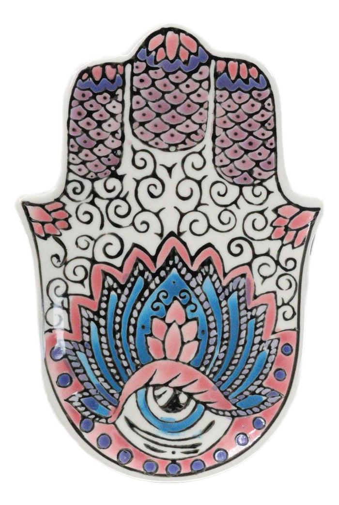 ebros gift Pink Chakra Hamsa Palm Mandala and Evil Eye Ceramic Dish Brass Incense Holder