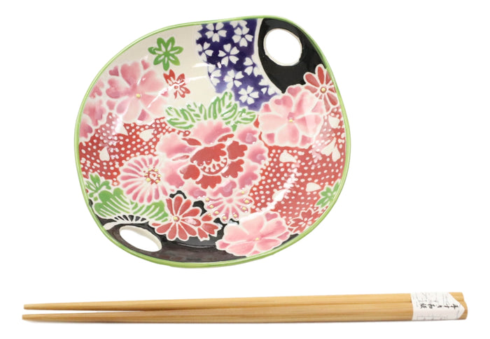 Ebros Gift Pink Cherry Blossoms Small Appetizer Coupe Plate Flat Bowl With Chopsticks Set