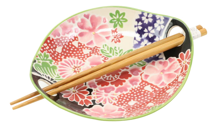 Ebros Gift Pink Cherry Blossoms Small Appetizer Coupe Plate Flat Bowl With Chopsticks Set