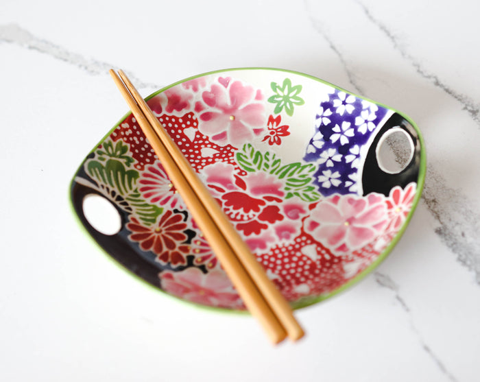 Ebros Gift Pink Cherry Blossoms Small Appetizer Coupe Plate Flat Bowl With Chopsticks Set