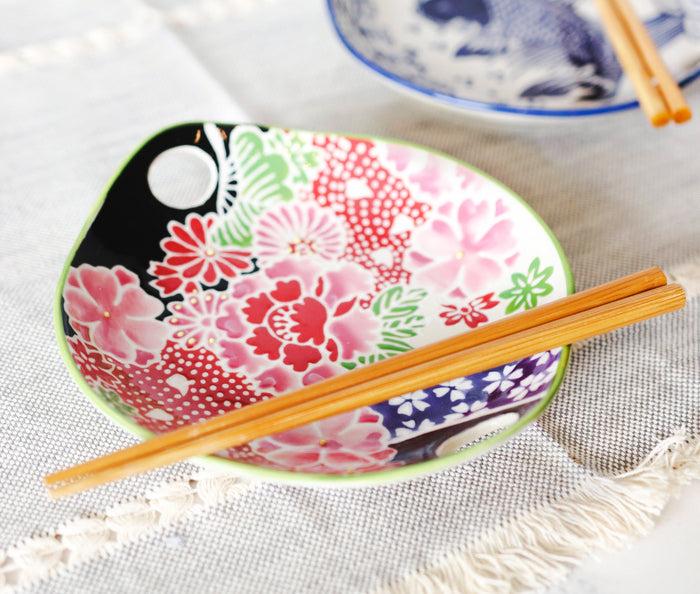 ebros gift Pink Cherry Blossoms Small Appetizer Coupe Plate Flat Bowl With Chopsticks Set