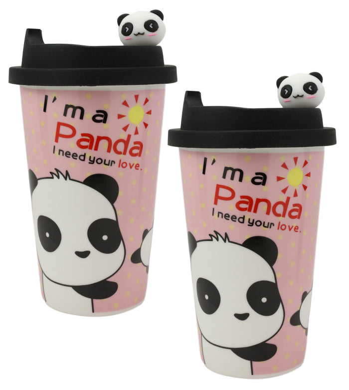 ebros gift Pink Polkadots Giant Panda Bear Lovers Ceramic Mug With Silicone Lid Set Of 2