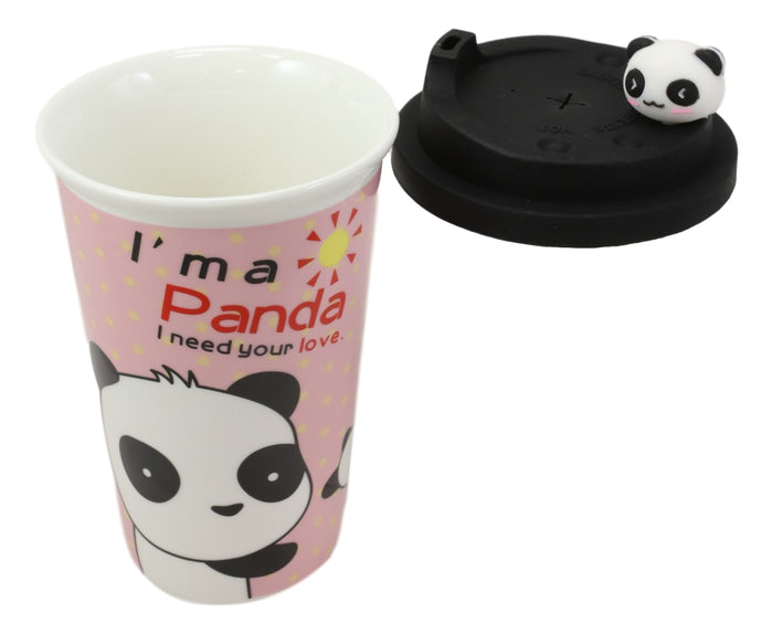 Ebros Gift Pink Polkadots Heart 2 Giant Panda Bear Lovers Ceramic Mug With Silicone Lid