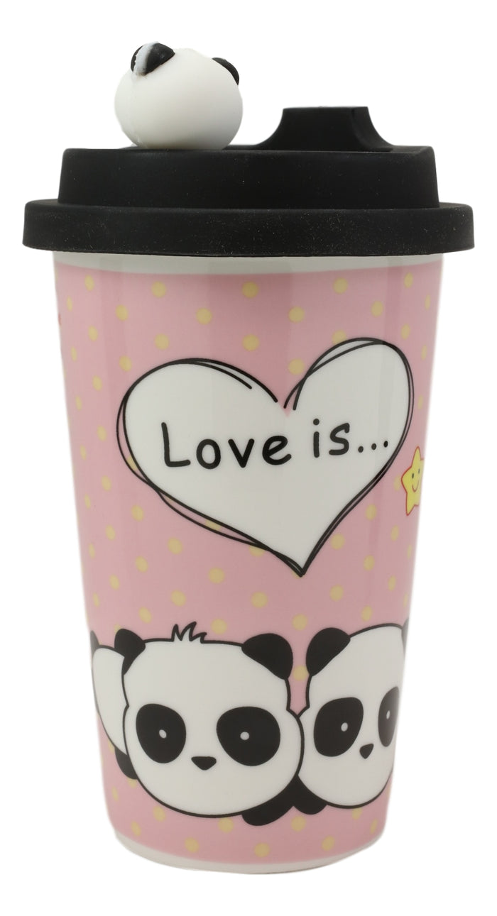 Ebros Gift Pink Polkadots Heart 2 Giant Panda Bear Lovers Ceramic Mug With Silicone Lid