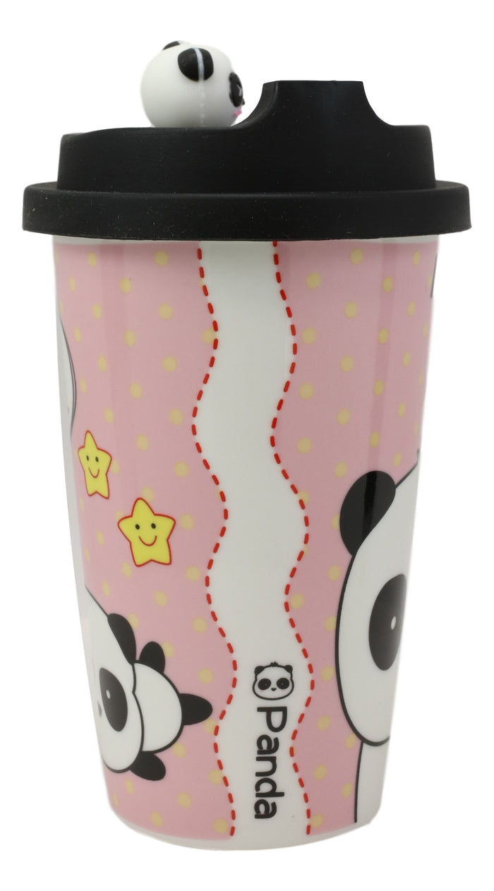 Ebros Gift Pink Polkadots Heart 2 Giant Panda Bear Lovers Ceramic Mug With Silicone Lid