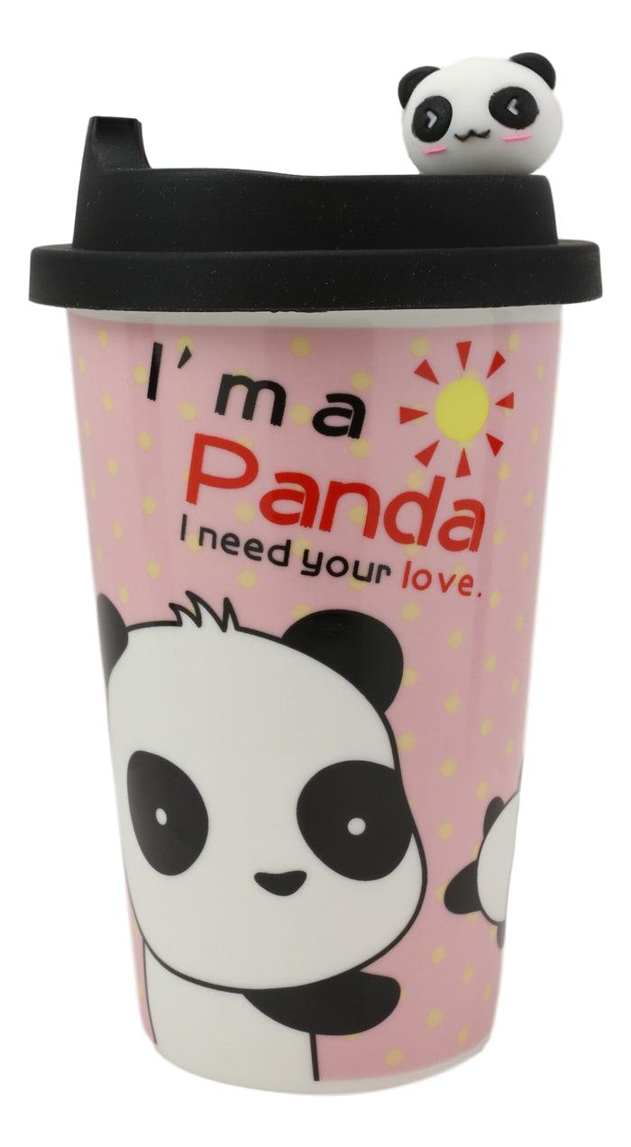 ebros gift Pink Polkadots Heart 2 Giant Panda Bear Lovers Ceramic Mug With Silicone Lid