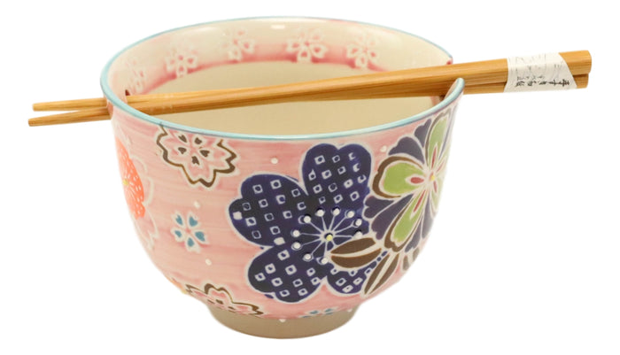 Ebros Gift Pink Spring Floral Blossoms Ramen Noodles Soup Bowl With Bamboo Chopsticks Set