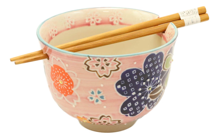 Ebros Gift Pink Spring Floral Blossoms Ramen Noodles Soup Bowl With Bamboo Chopsticks Set