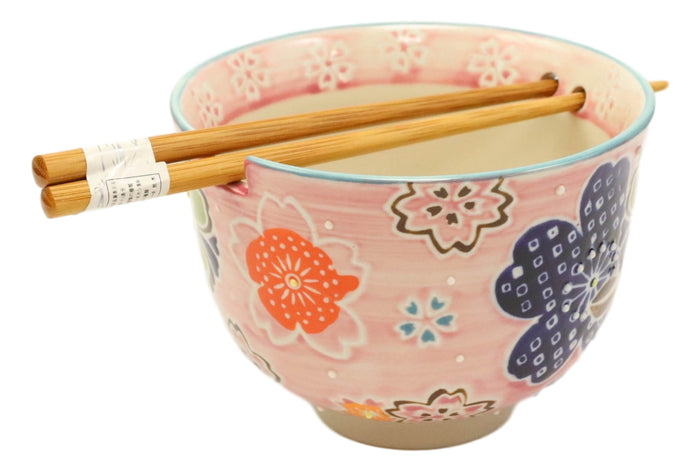 Ebros Gift Pink Spring Floral Blossoms Ramen Noodles Soup Bowl With Bamboo Chopsticks Set