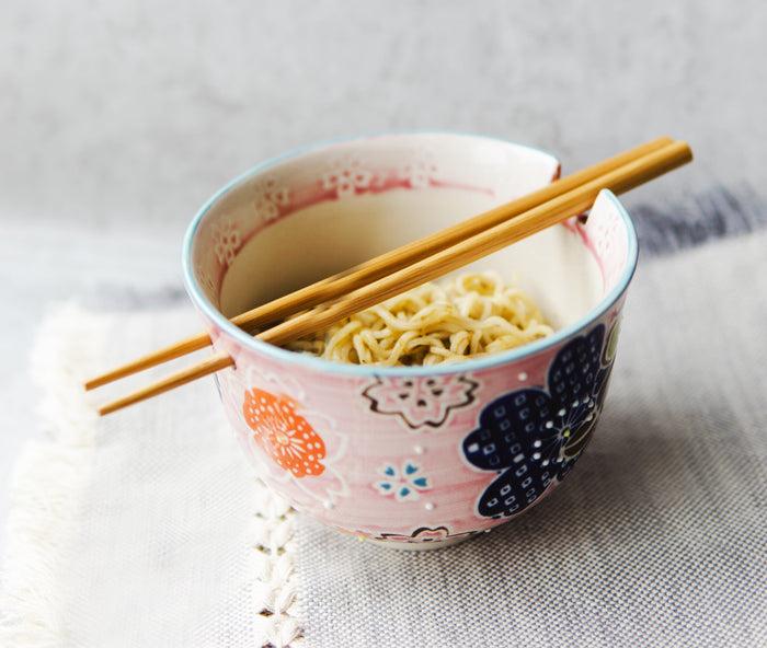 ebros gift Pink Spring Floral Blossoms Ramen Noodles Soup Bowl With Bamboo Chopsticks Set