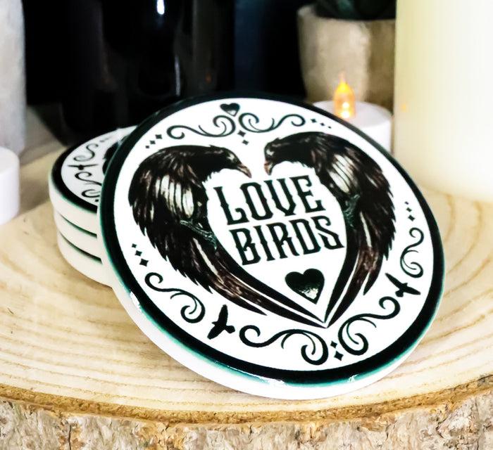 ebros gift Poe's Raven Heart Love Birds Ceramic Coaster Set of 4 Tiles With Cork Backing