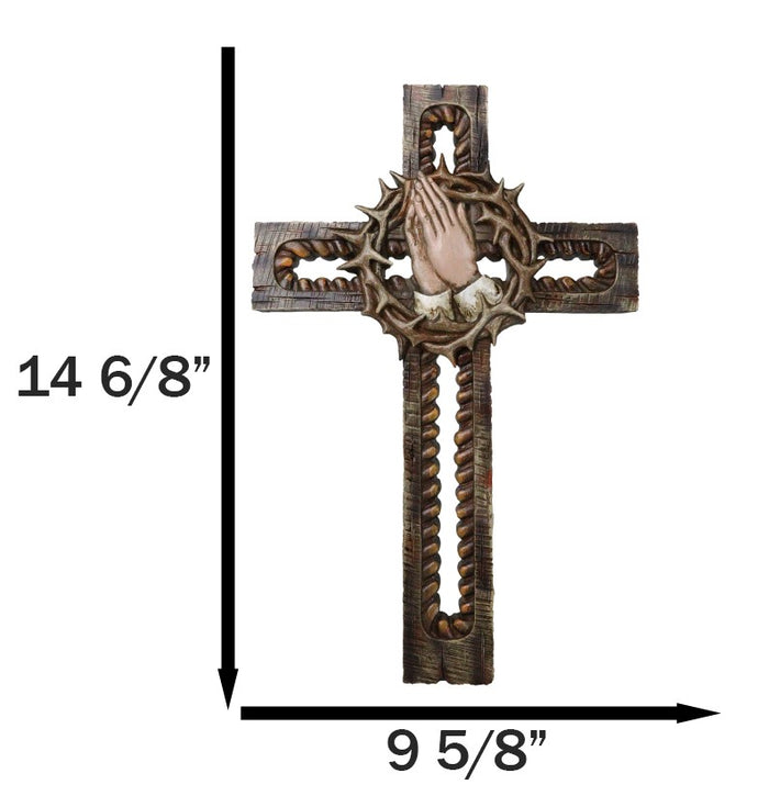 Ebros Gift Praying Hands With Crown Of Thorns Faux Wooden Rustic Cutout Wall Cross