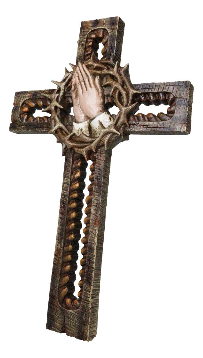 Ebros Gift Praying Hands With Crown Of Thorns Faux Wooden Rustic Cutout Wall Cross