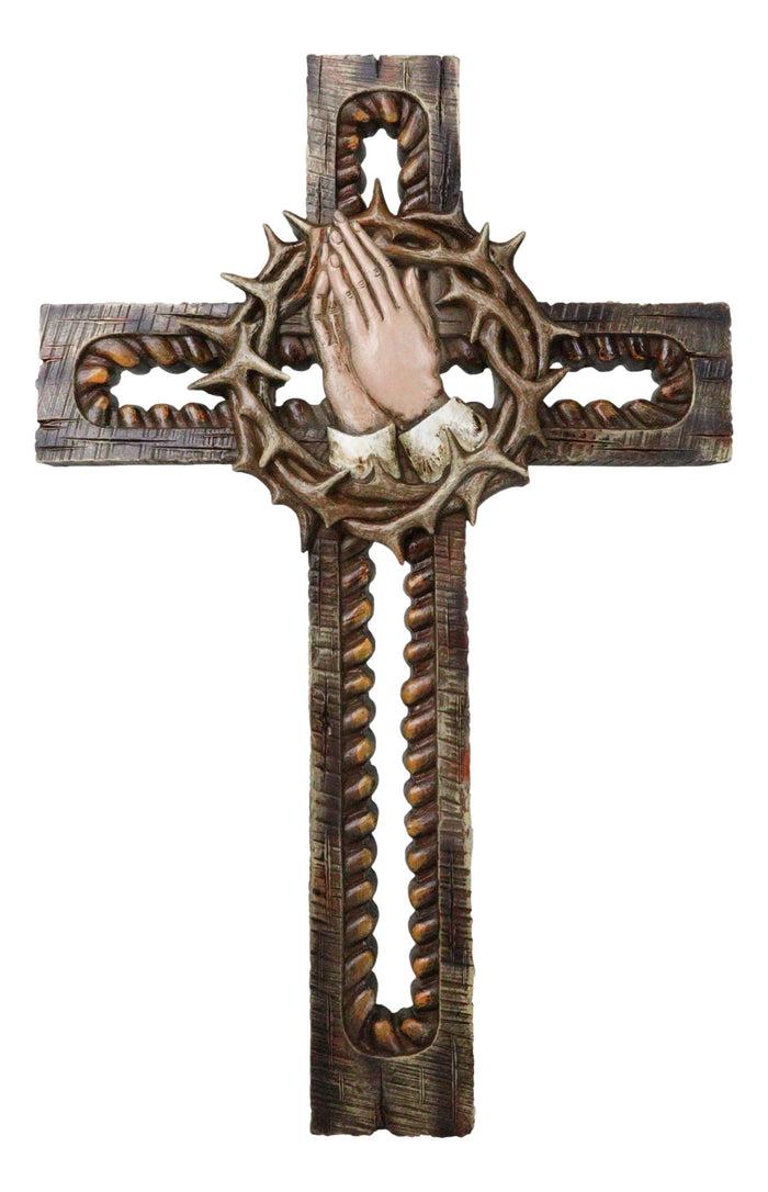 ebros gift Praying Hands With Crown of Thorns Faux Wooden Rustic Cutout Wall Cross