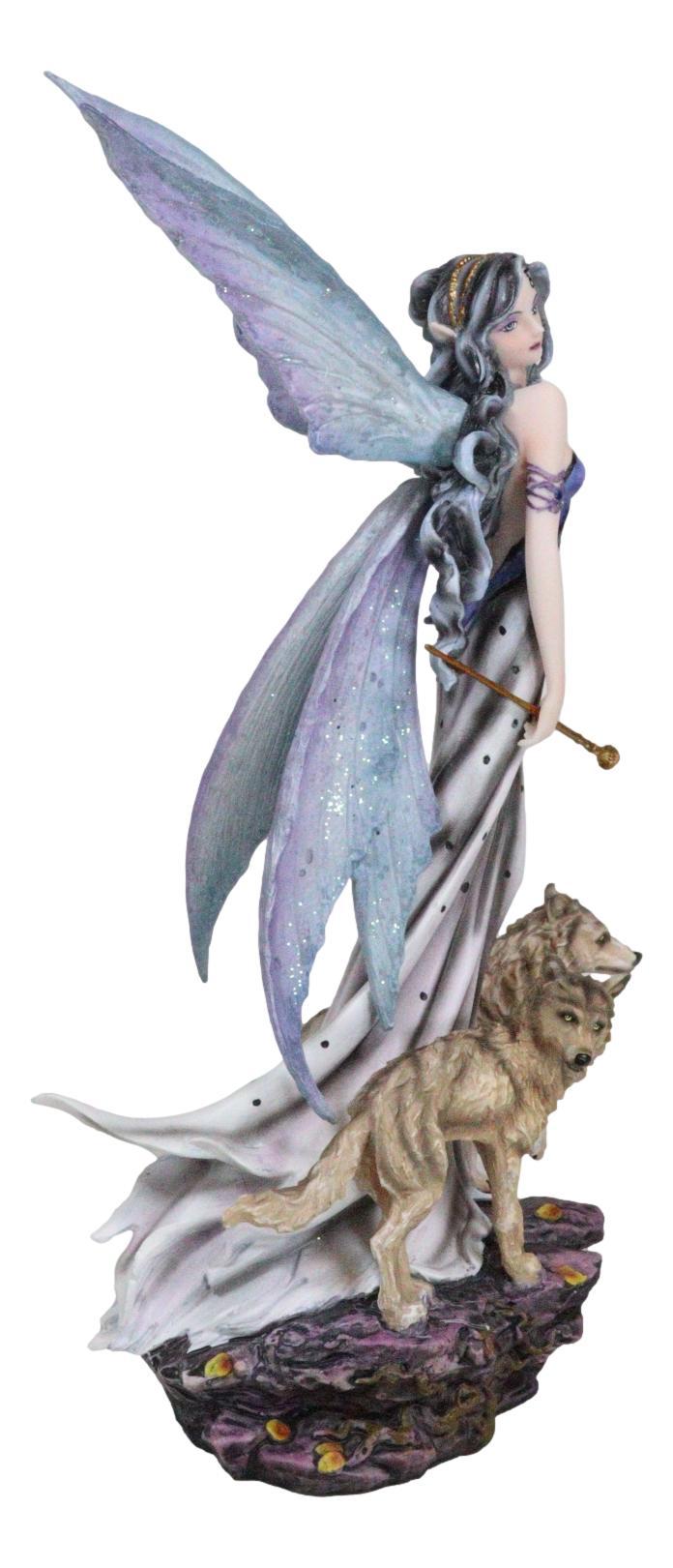 Ebros Gift Pretty Fairy In Evening Gown With Gold Wand Accompanied By Gray Wolves Figurine
