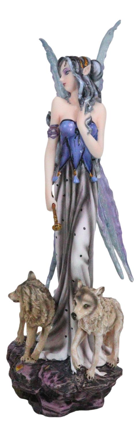 Ebros Gift Pretty Fairy In Evening Gown With Gold Wand Accompanied By Gray Wolves Figurine