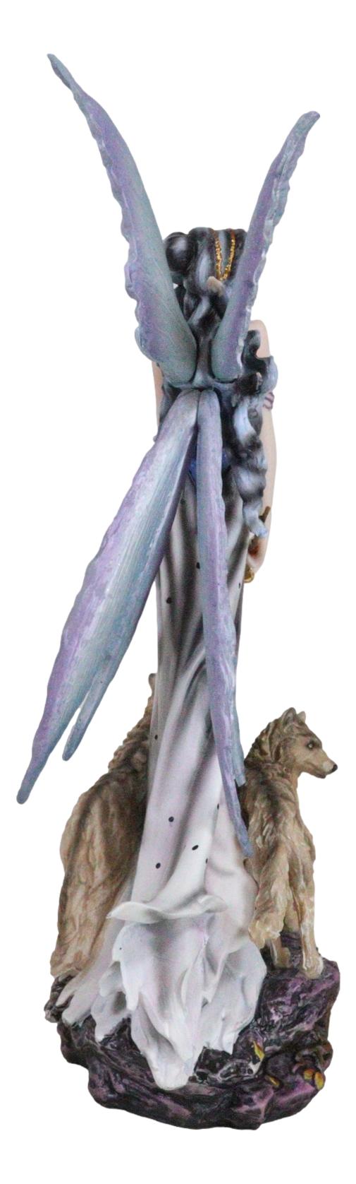 Ebros Gift Pretty Fairy In Evening Gown With Gold Wand Accompanied By Gray Wolves Figurine