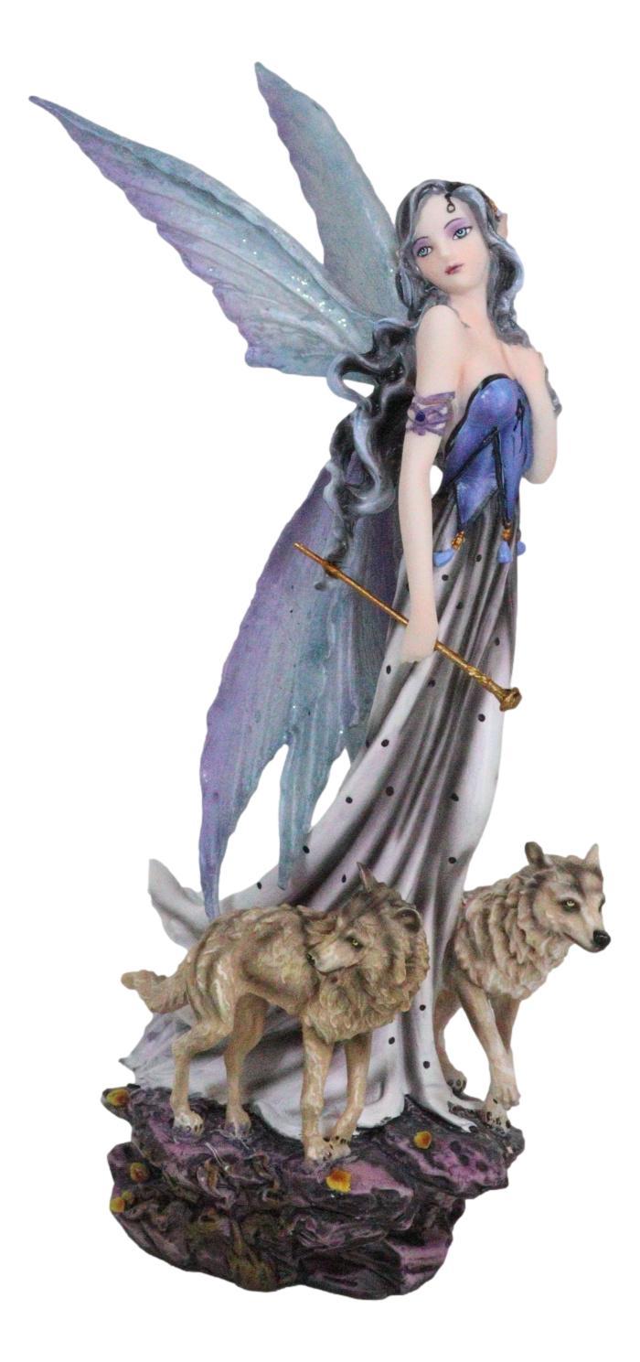 ebros gift Pretty Fairy In Evening Gown With Gold Wand Accompanied By Gray Wolves Figurine