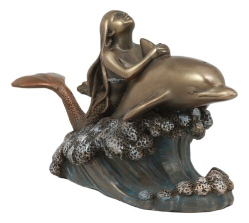 ebros gift Pretty Little Mermaid Riding On Dolphin Statue 6.25"Long Surfing Coastal Decor