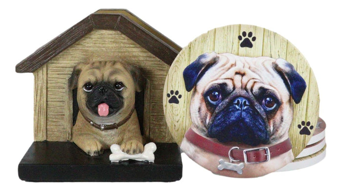 Ebros Gift Pug Puppy Dog In Kennel Doghouse Holding Bone Coaster Set Holder And 4 Coasters