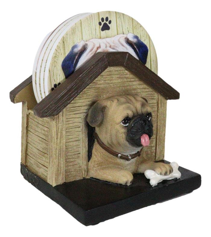 Ebros Gift Pug Puppy Dog In Kennel Doghouse Holding Bone Coaster Set Holder And 4 Coasters