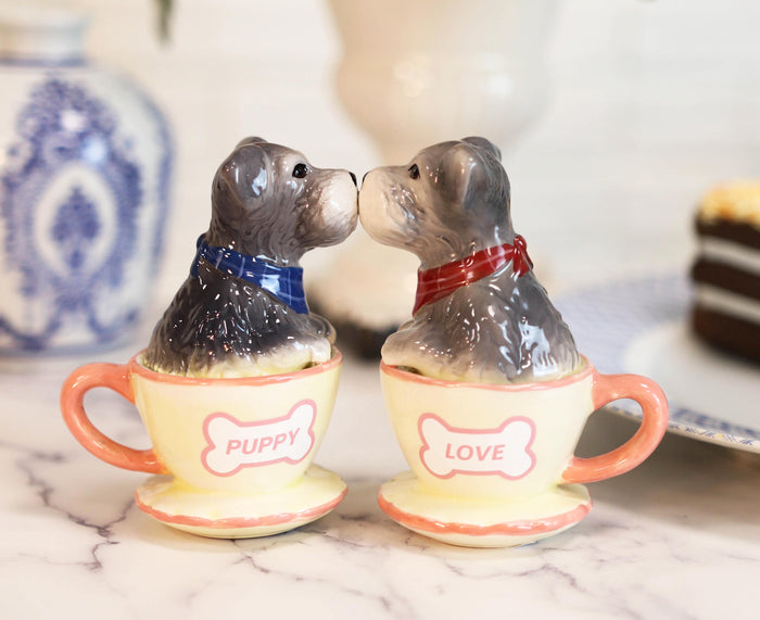 ebros gift Puppy Love Adorable Teacup Schnauzer Dog Couple Ceramic Salt Pepper Shaker Set