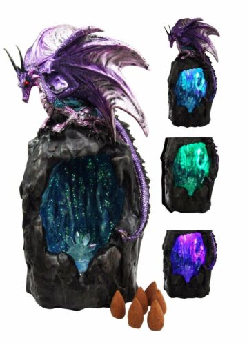 ebros gift Purple Azure Quartz Dragon On Gemstone Mountain Backflow Incense Burner Figurine