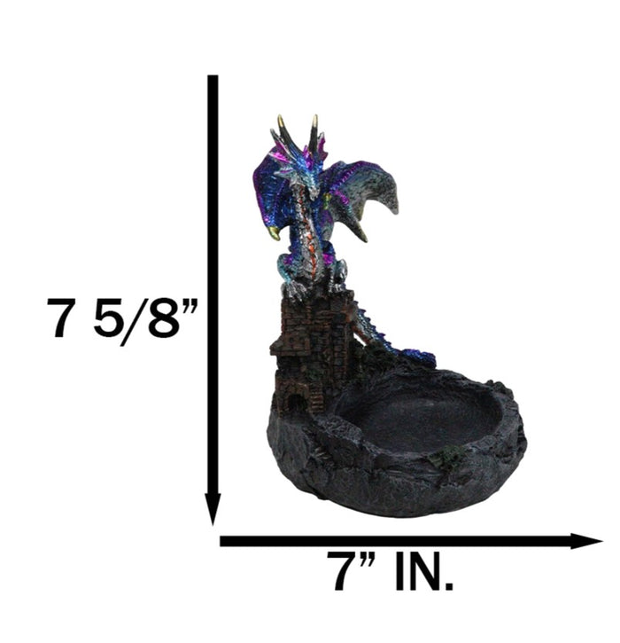 Ebros Gift Purple Blue Dragon Perching On Stonewall Castle Ashtray Jewelry Dish Figurine