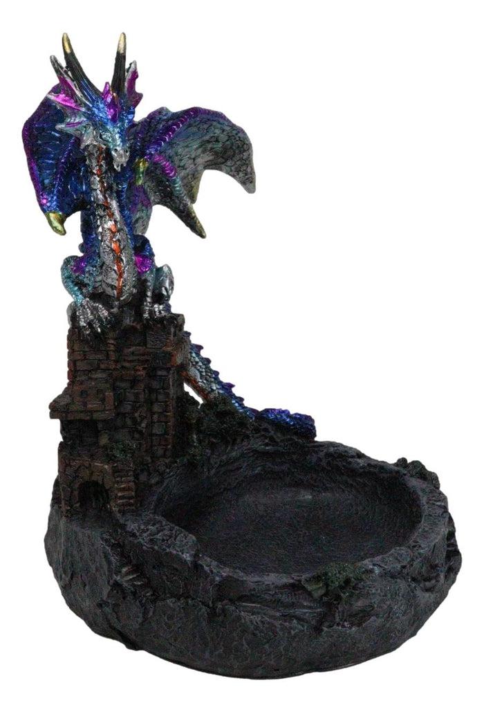 Ebros Gift Purple Blue Dragon Perching On Stonewall Castle Ashtray Jewelry Dish Figurine