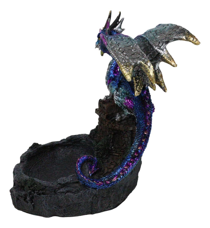 Ebros Gift Purple Blue Dragon Perching On Stonewall Castle Ashtray Jewelry Dish Figurine